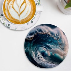 Tsunami Waves Ocean Sea Water Rough Seas Uv Print Round Tile Coaster by Wegoenart