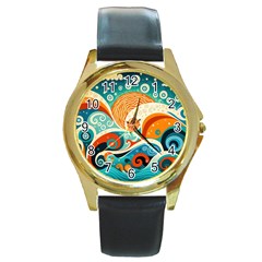 Waves Ocean Sea Abstract Whimsical Abstract Art 4 Round Gold Metal Watch by Wegoenart