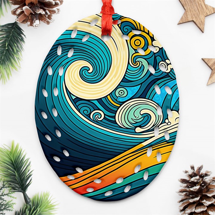 Waves Ocean Sea Abstract Whimsical Abstract Art 3 Ornament (Oval Filigree)