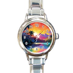 Ai Generated Tropical Island Sunset Landscape Round Italian Charm Watch