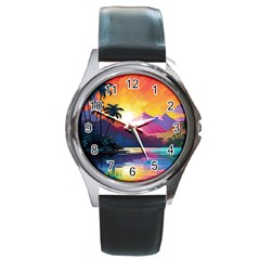 Ai Generated Tropical Island Sunset Landscape Round Metal Watch by Wegoenart