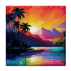 Ai Generated Tropical Island Sunset Landscape Tile Coaster