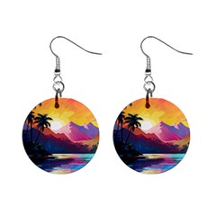 Ai Generated Tropical Island Sunset Landscape Mini Button Earrings