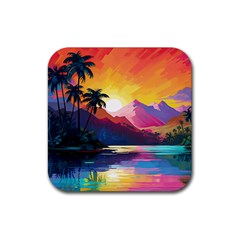 Ai Generated Tropical Island Sunset Landscape Rubber Coaster (Square)