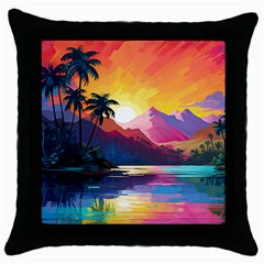 Ai Generated Tropical Island Sunset Landscape Throw Pillow Case (Black)