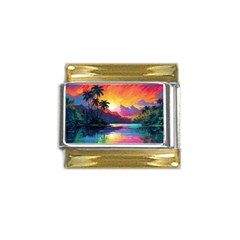 Ai Generated Tropical Island Sunset Landscape Gold Trim Italian Charm (9mm)