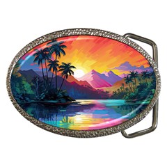 Ai Generated Tropical Island Sunset Landscape Belt Buckles by Wegoenart