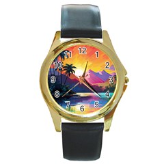 Ai Generated Tropical Island Sunset Landscape Round Gold Metal Watch