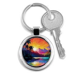 Ai Generated Tropical Island Sunset Landscape Key Chain (Round)