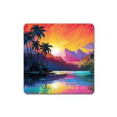 Ai Generated Tropical Island Sunset Landscape Square Magnet