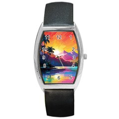 Ai Generated Tropical Island Sunset Landscape Barrel Style Metal Watch by Wegoenart