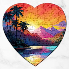 Ai Generated Tropical Island Sunset Landscape Jigsaw Puzzle (Heart)