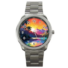 Ai Generated Tropical Island Sunset Landscape Sport Metal Watch