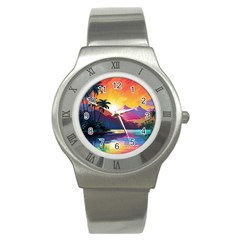 Ai Generated Tropical Island Sunset Landscape Stainless Steel Watch