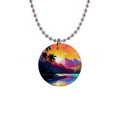 Ai Generated Tropical Island Sunset Landscape 1  Button Necklace by Wegoenart