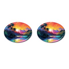 Ai Generated Tropical Island Sunset Landscape Cufflinks (Oval)