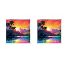 Ai Generated Tropical Island Sunset Landscape Cufflinks (Square)