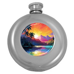 Ai Generated Tropical Island Sunset Landscape Round Hip Flask (5 oz)