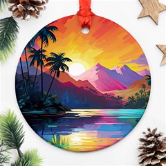 Ai Generated Tropical Island Sunset Landscape Round Ornament (Two Sides)