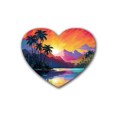 Ai Generated Tropical Island Sunset Landscape Rubber Coaster (Heart)