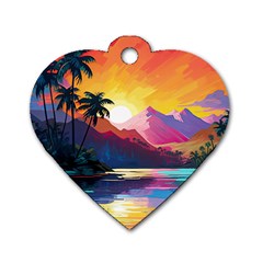 Ai Generated Tropical Island Sunset Landscape Dog Tag Heart (Two Sides)