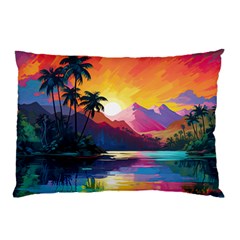 Ai Generated Tropical Island Sunset Landscape Pillow Case