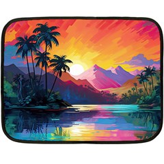 Ai Generated Tropical Island Sunset Landscape Two Sides Fleece Blanket (mini) by Wegoenart