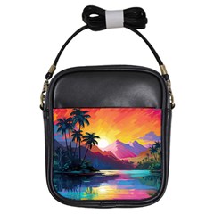 Ai Generated Tropical Island Sunset Landscape Girls Sling Bag by Wegoenart