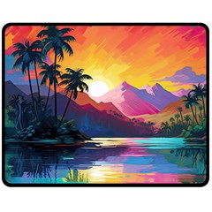 Ai Generated Tropical Island Sunset Landscape Fleece Blanket (Medium)