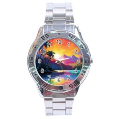 Ai Generated Tropical Island Sunset Landscape Stainless Steel Analogue Watch