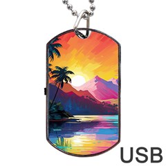 Ai Generated Tropical Island Sunset Landscape Dog Tag USB Flash (One Side)