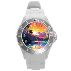 Ai Generated Tropical Island Sunset Landscape Round Plastic Sport Watch (L)