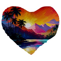 Ai Generated Tropical Island Sunset Landscape Large 19  Premium Heart Shape Cushions