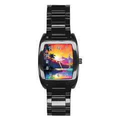 Ai Generated Tropical Island Sunset Landscape Stainless Steel Barrel Watch