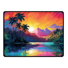 Ai Generated Tropical Island Sunset Landscape Two Sides Fleece Blanket (Small)