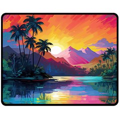 Ai Generated Tropical Island Sunset Landscape Two Sides Fleece Blanket (Medium)