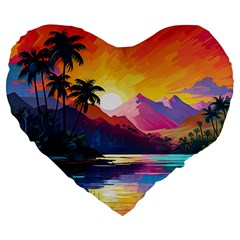 Ai Generated Tropical Island Sunset Landscape Large 19  Premium Flano Heart Shape Cushions