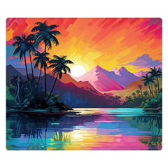 Ai Generated Tropical Island Sunset Landscape Two Sides Premium Plush Fleece Blanket (small) by Wegoenart