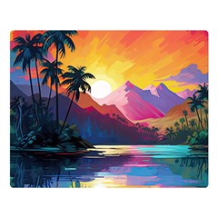 Ai Generated Tropical Island Sunset Landscape Two Sides Premium Plush Fleece Blanket (Large)