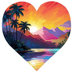 Ai Generated Tropical Island Sunset Landscape Wooden Puzzle Heart