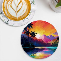 Ai Generated Tropical Island Sunset Landscape Uv Print Round Tile Coaster by Wegoenart