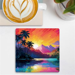 Ai Generated Tropical Island Sunset Landscape Uv Print Square Tile Coaster  by Wegoenart