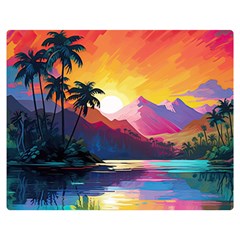 Ai Generated Tropical Island Sunset Landscape Premium Plush Fleece Blanket (medium) by Wegoenart