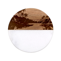 Ai Generated Tropical Island Sunset Landscape Classic Marble Wood Coaster (Round) 