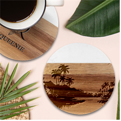 Ai Generated Tropical Island Sunset Landscape Marble Wood Coaster (round) by Wegoenart