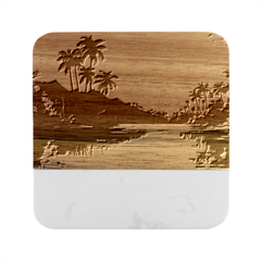 Ai Generated Tropical Island Sunset Landscape Marble Wood Coaster (Square)