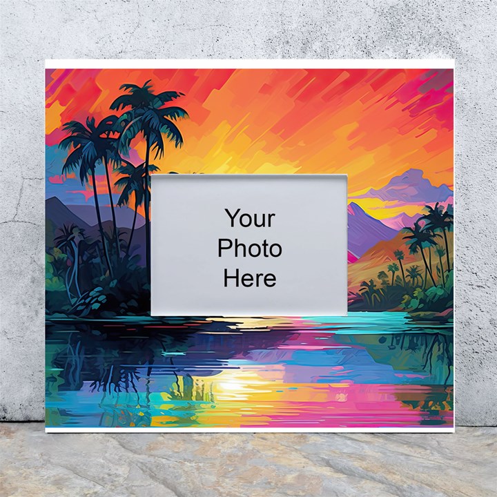 Ai Generated Tropical Island Sunset Landscape White Wall Photo Frame 5  x 7 