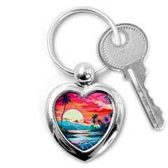 Tropical Island Sunset Landscape Key Chain (Heart)