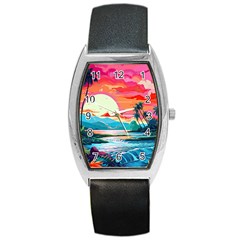 Tropical Island Sunset Landscape Barrel Style Metal Watch