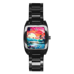 Tropical Island Sunset Landscape Stainless Steel Barrel Watch